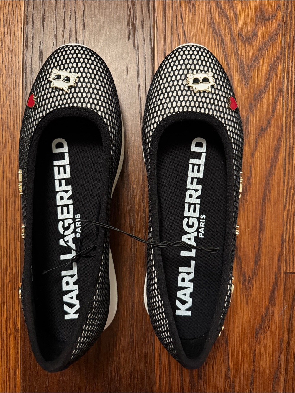 Karl Lagerfeld Black Mesh Slip-On Flats with Red Heart Accents